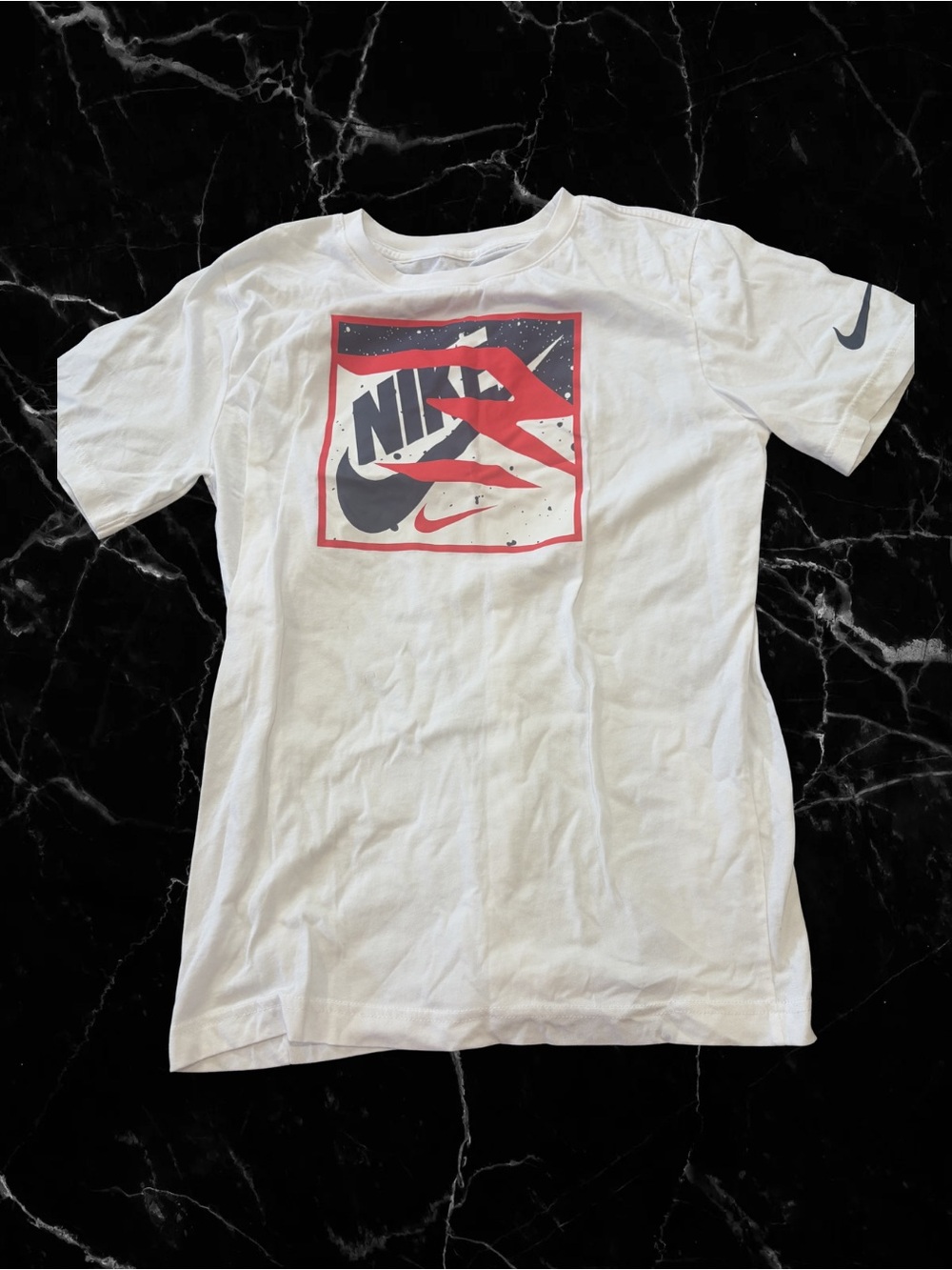 Nike White Graphic Logo Tee with Red & Navy Blue Accents